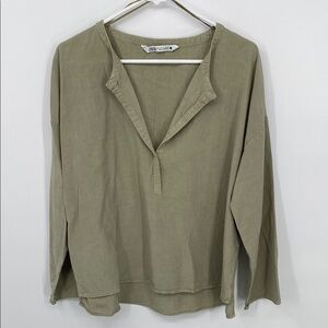 Zara Linen Blend V-Neck Blouse Size Small Oversized Fit